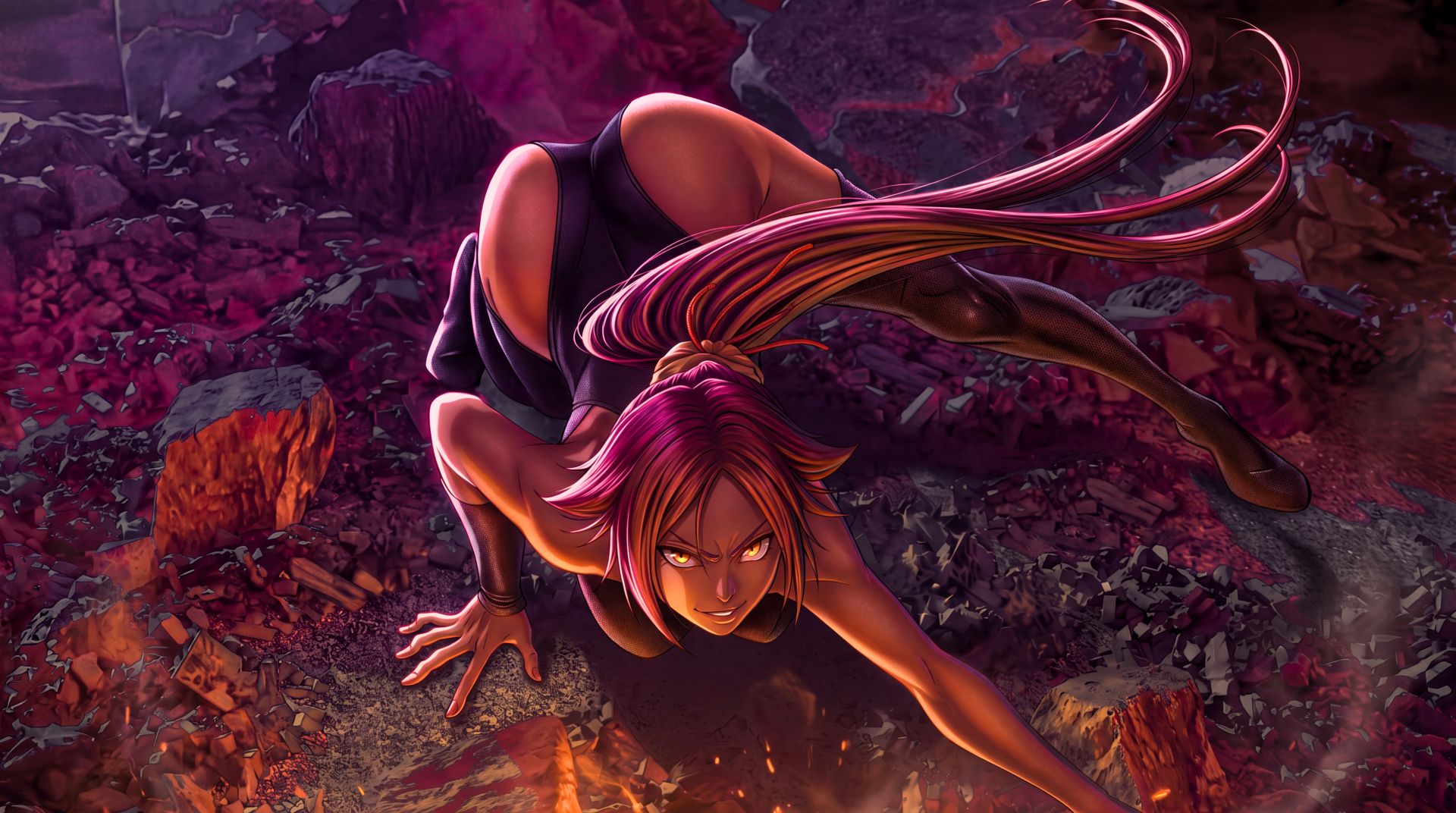 Yoruichi Shihôin (Bleach: Thousand-Year Blood War) crouched in a dynamic low-strike pose on scorched rocky ground, purple hair streaming and fierce eyes — 5K Ultra HD PC desktop wallpaper/background.