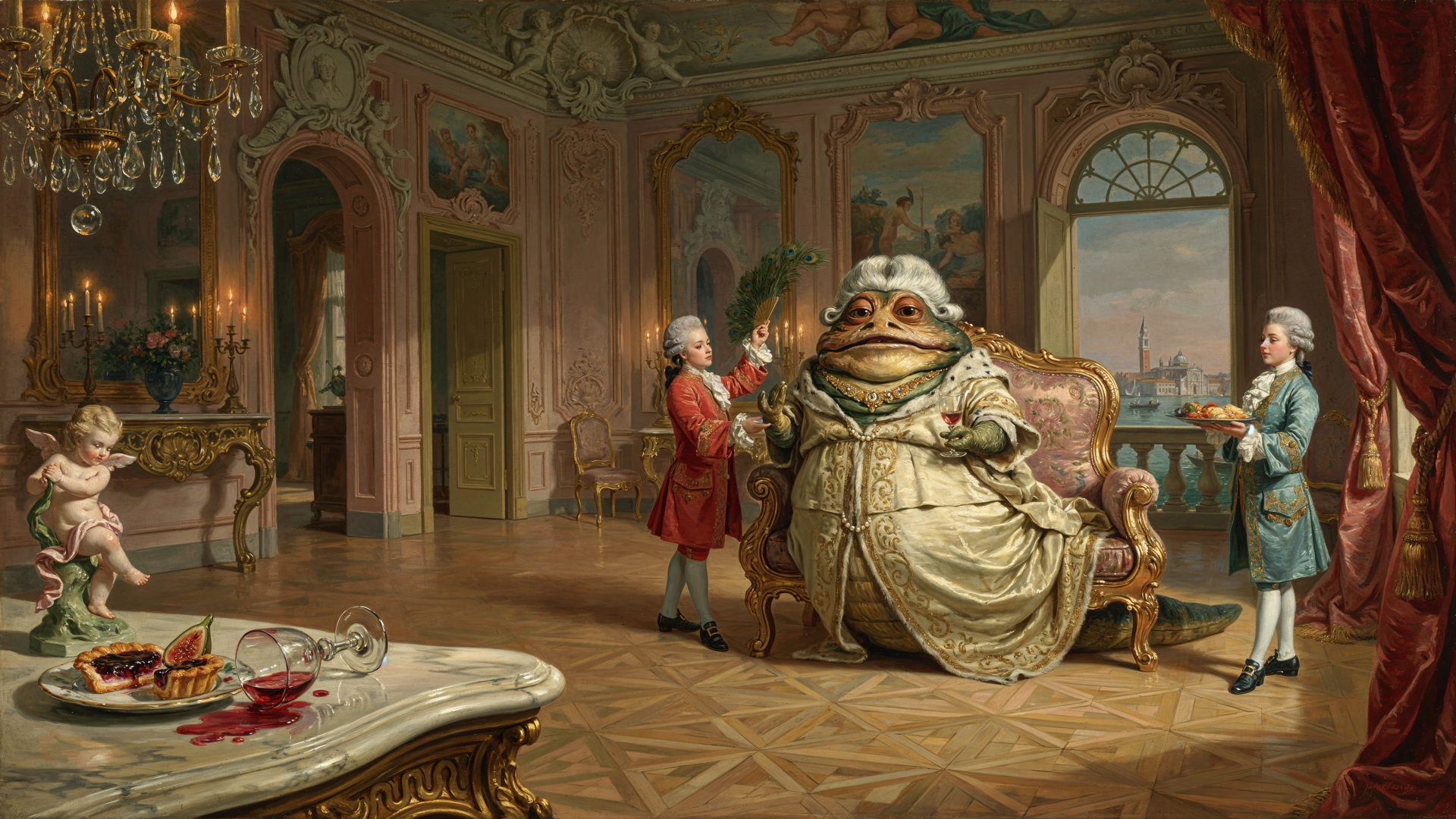 4K Ultra HD PC wallpaper: Jabba the Hutt–like toad monster lounges in an ornate Rococo salon while powdered courtiers attend.
