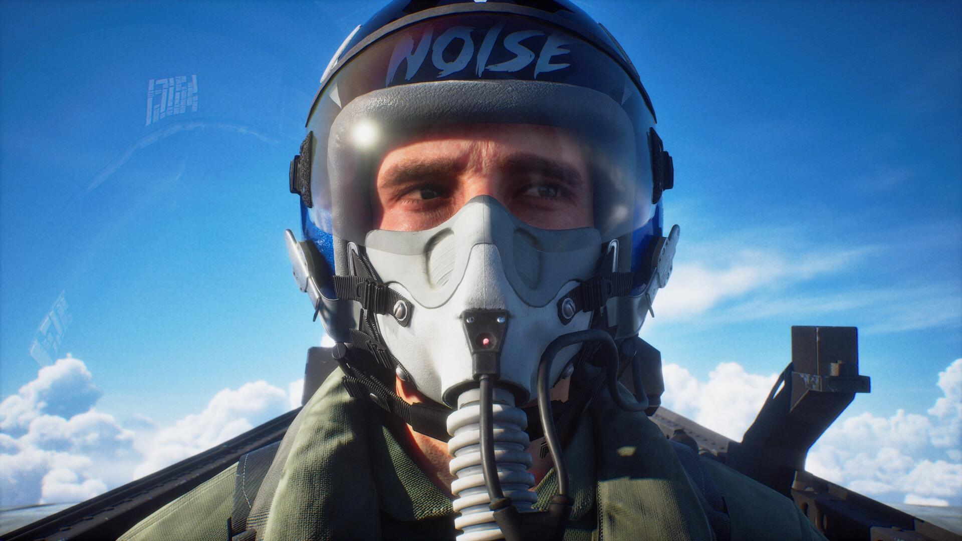 Ace Combat 8 pilot in flight helmet and oxygen mask stares forward against a bright blue sky — HD PC Desktop Wallpaper and Background.