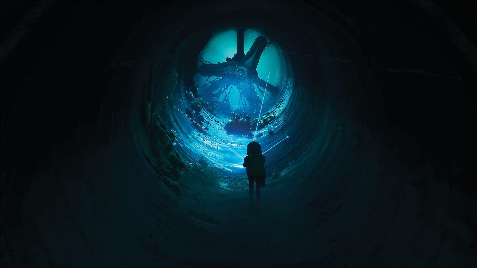 End of Abyss HD PC desktop wallpaper: a lone silhouette in a dark tunnel gazes toward a glowing blue portal at the tunnel's end.
