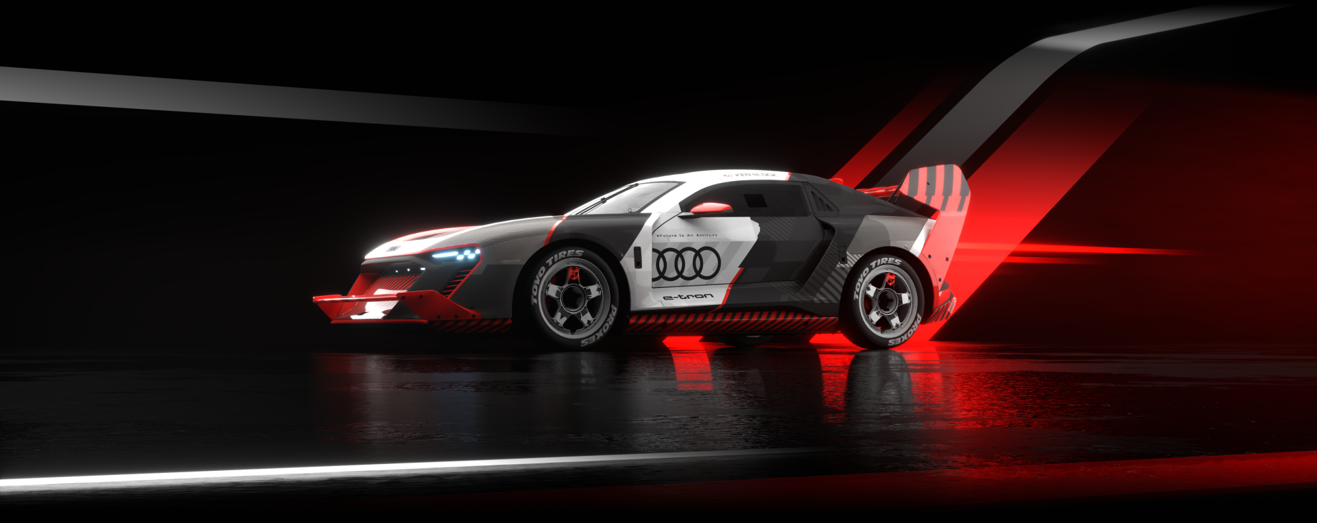 Dark 2K desktop wallpaper: Audi race car with Pixar Cars-style face, Link/The Legend of Zelda green accents and rally-inspired livery, red neon reflections on a glossy floor.