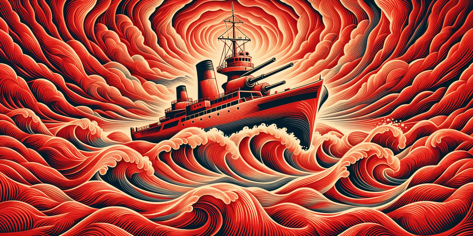 4K Ultra HD PC desktop wallpaper and background showing a stylized battleship cutting through crimson ocean waves beneath a swirling, fiery sky.