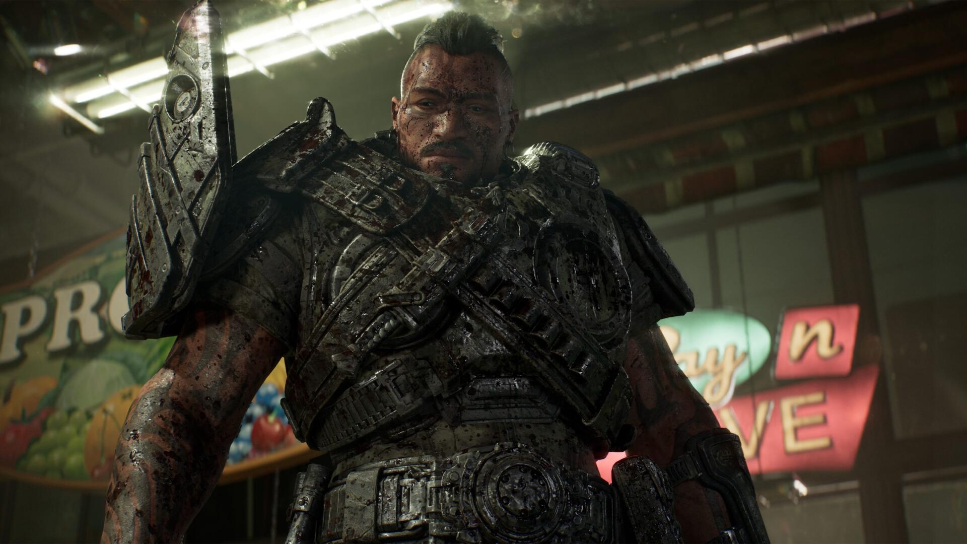 Gears of War E-Day wallpaper: Tai Kaliso, armored warrior with scars and heavy gear, dramatic low-lit 2K Quad HD PC desktop background.