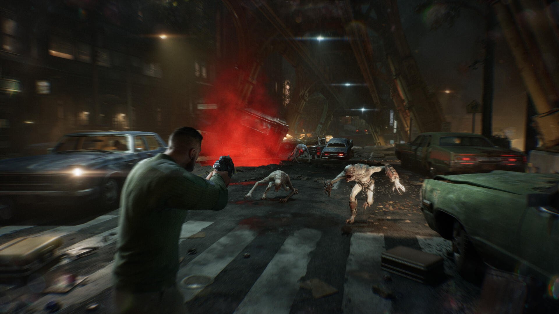 Gears of War: E-Day, Gears of War HD PC desktop wallpaper — a soldier fires down a wrecked city street at crawling zombies as a red explosion lights the night.