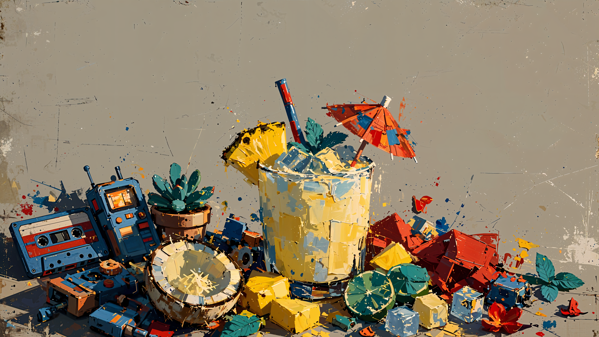 4K Ultra HD PC desktop wallpaper: textured paint scene of a pina colada in a glass with umbrella and straw, surrounded by paintbrush, palette, tubes, coconut half and citrus wedges.