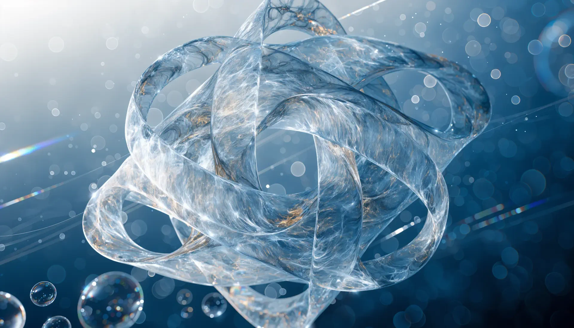 Abstract glass sculpture of interwoven translucent loops and floating bubbles in cool blue light — 4K Ultra HD OLED PC desktop wallpaper/background.