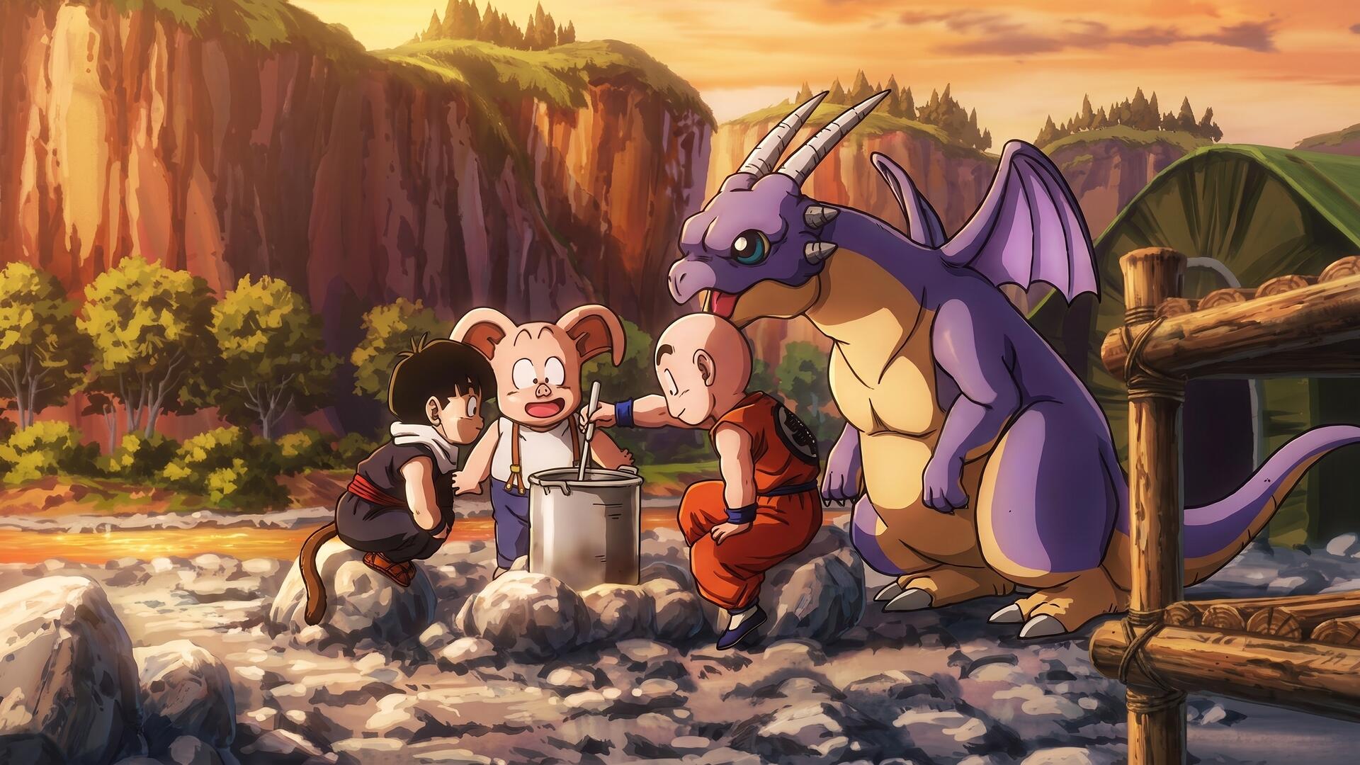 HD PC desktop wallpaper of Dragon Ball/Dragon Ball Z: Gohan, Krillin and Oolong eating by a riverside beside a friendly purple dragon at sunset.