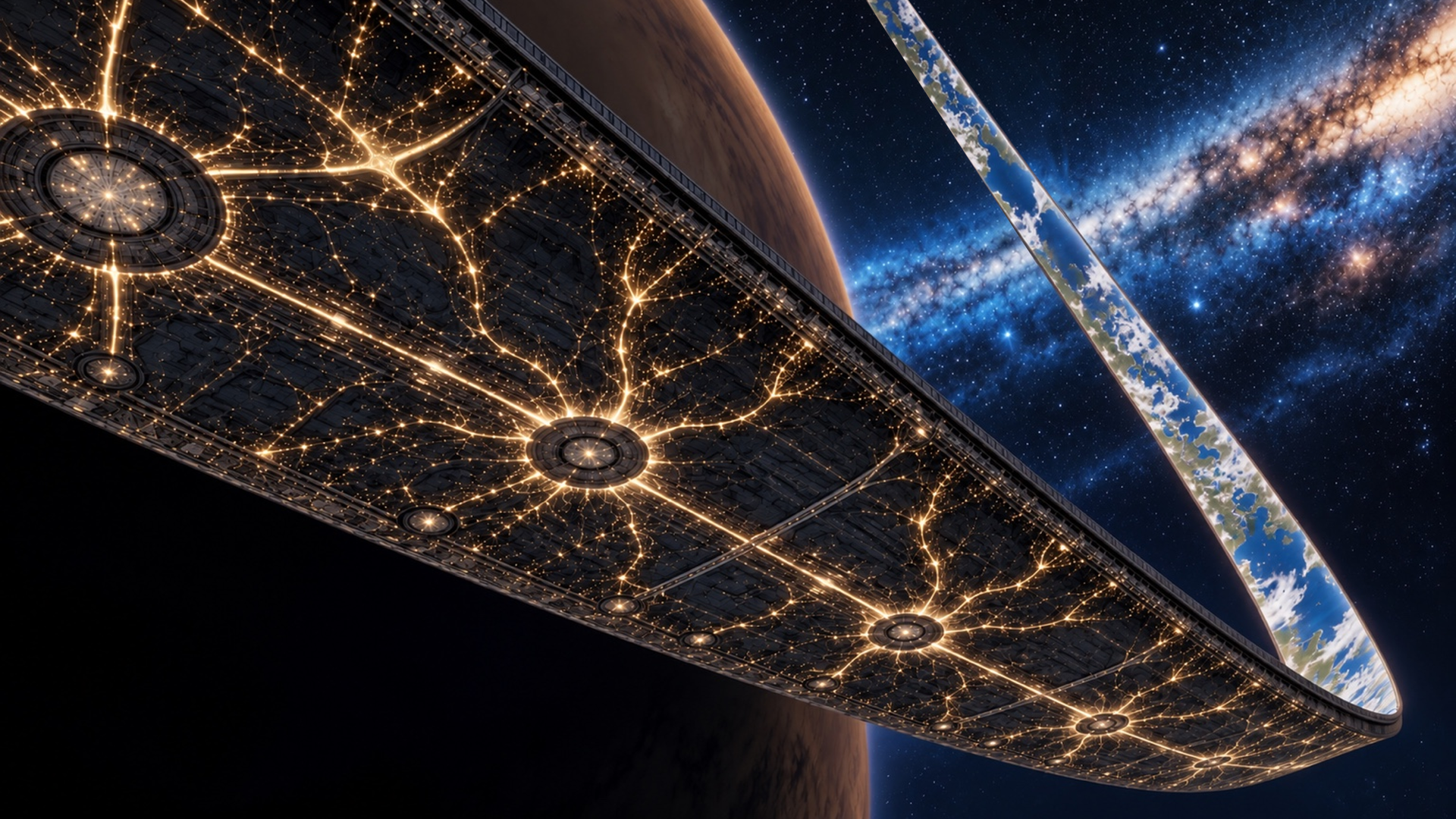 4K Ultra HD sci-fi PC desktop background: glowing neuronal-patterned Halo ring and orbital city arc above a planet, with starfield and Milky Way in deep space.
