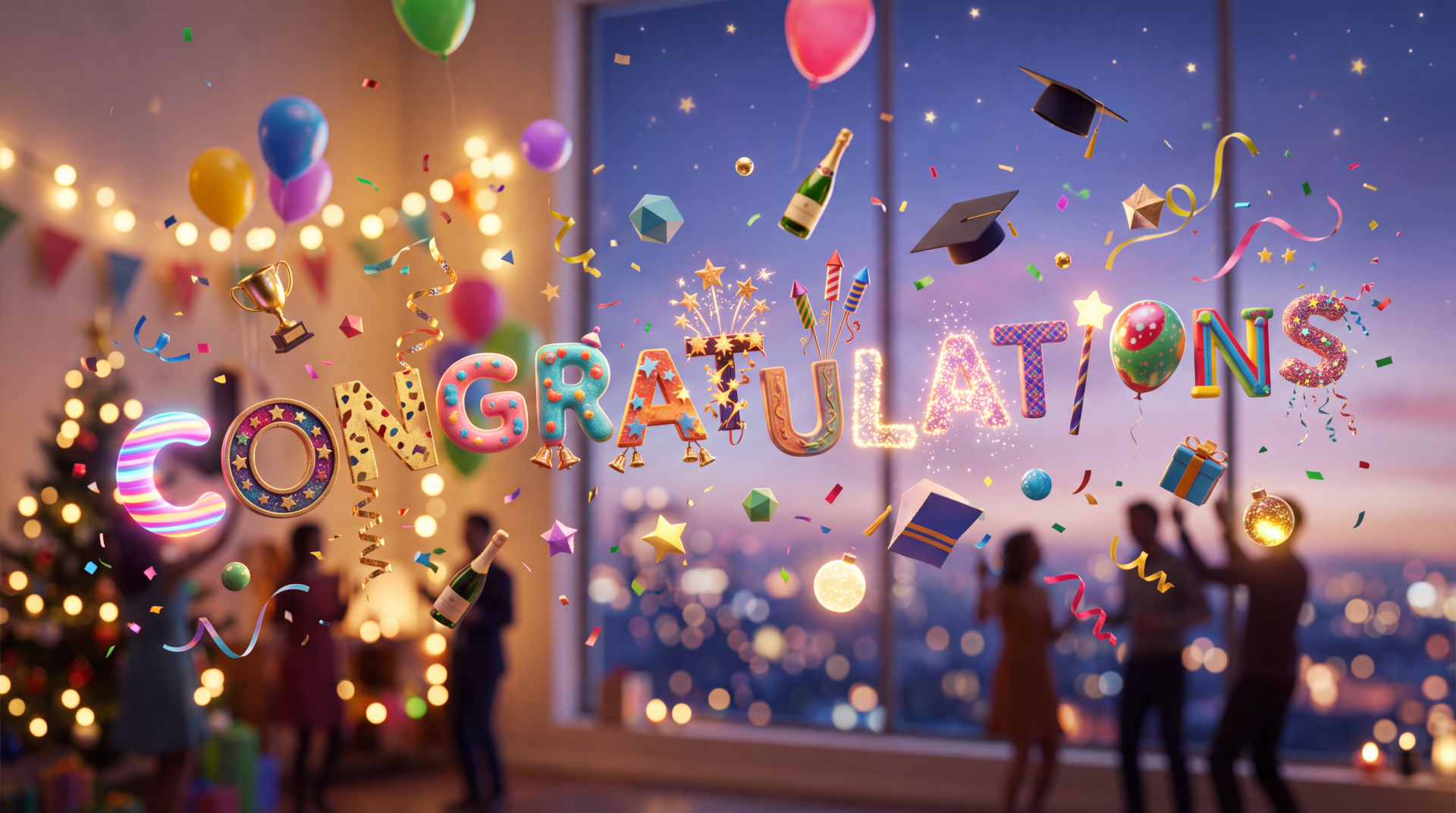 5K Ultra HD PC desktop wallpaper showing CONGRATULATIONS in balloon letters, confetti, floating graduation caps, balloons and a festive graduation scene.