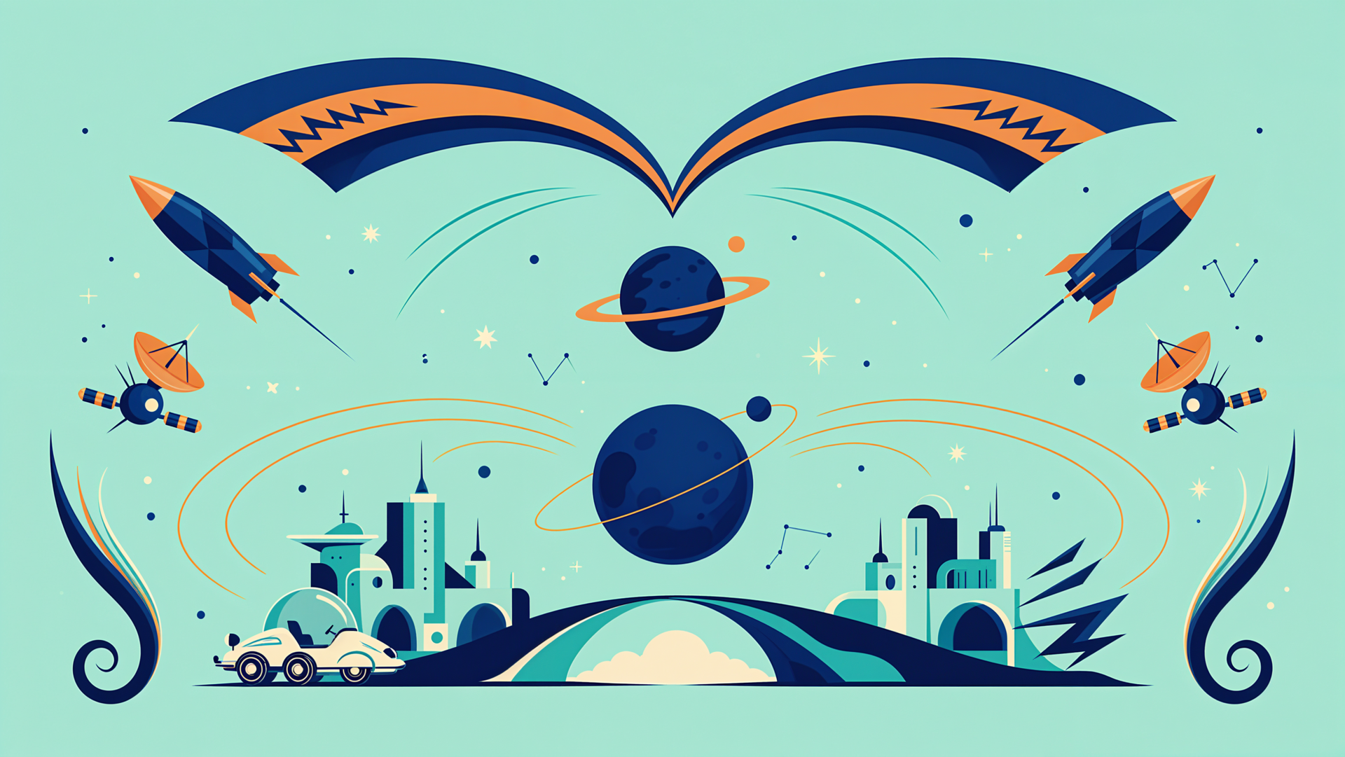 Vector flourish 4K Ultra HD PC desktop wallpaper and background showing stylized rockets, planets, and space motifs above a futuristic cityscape.
