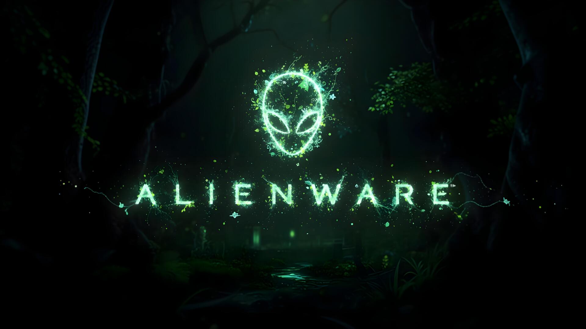 Glowing neon-green Alienware alien-head logo with ALIENWARE text over a dark, misty forest — 5K Ultra HD gaming PC desktop wallpaper and background.