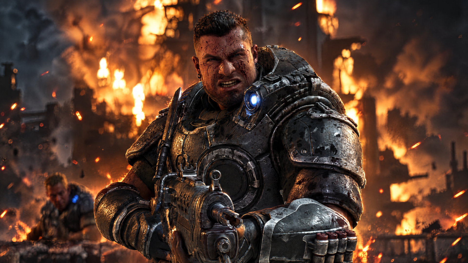 Marcus Fenix in heavy armor fires a rifle amid burning ruins on Gears of War: E-Day — soldier portrait, 4K Ultra HD PC desktop wallpaper