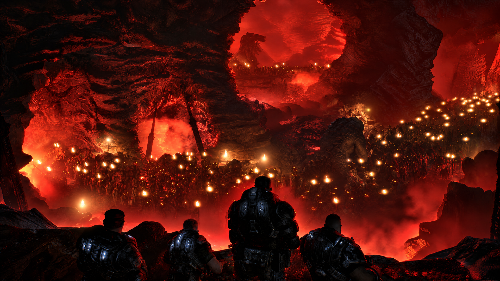 4K Ultra HD PC desktop wallpaper: Gears of War E-Day — silhouetted soldiers confront a cavernous, red-lit cave filled with a massive locust horde.
