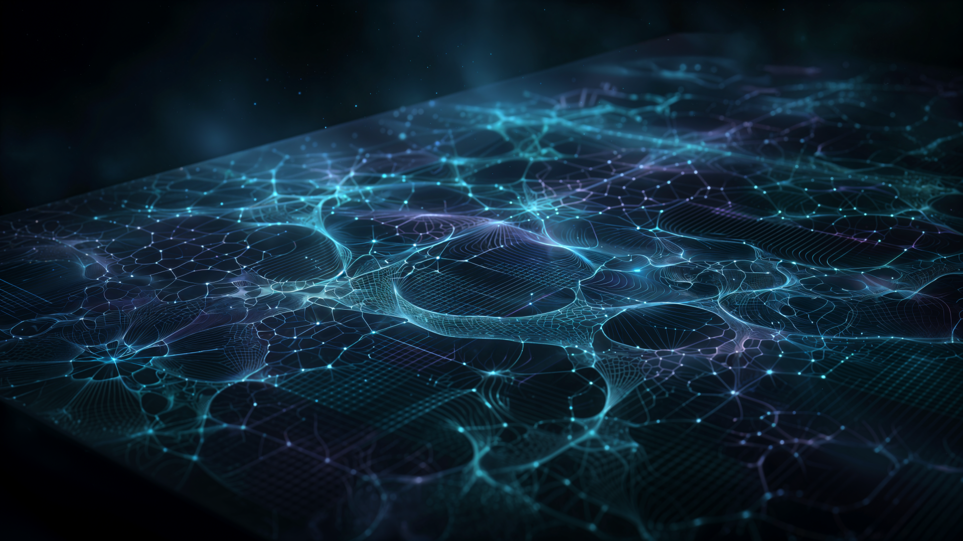 Abstract digital network: glowing blue-green nodes and filaments under ambient light, technology-themed 4K Ultra HD PC desktop wallpaper.