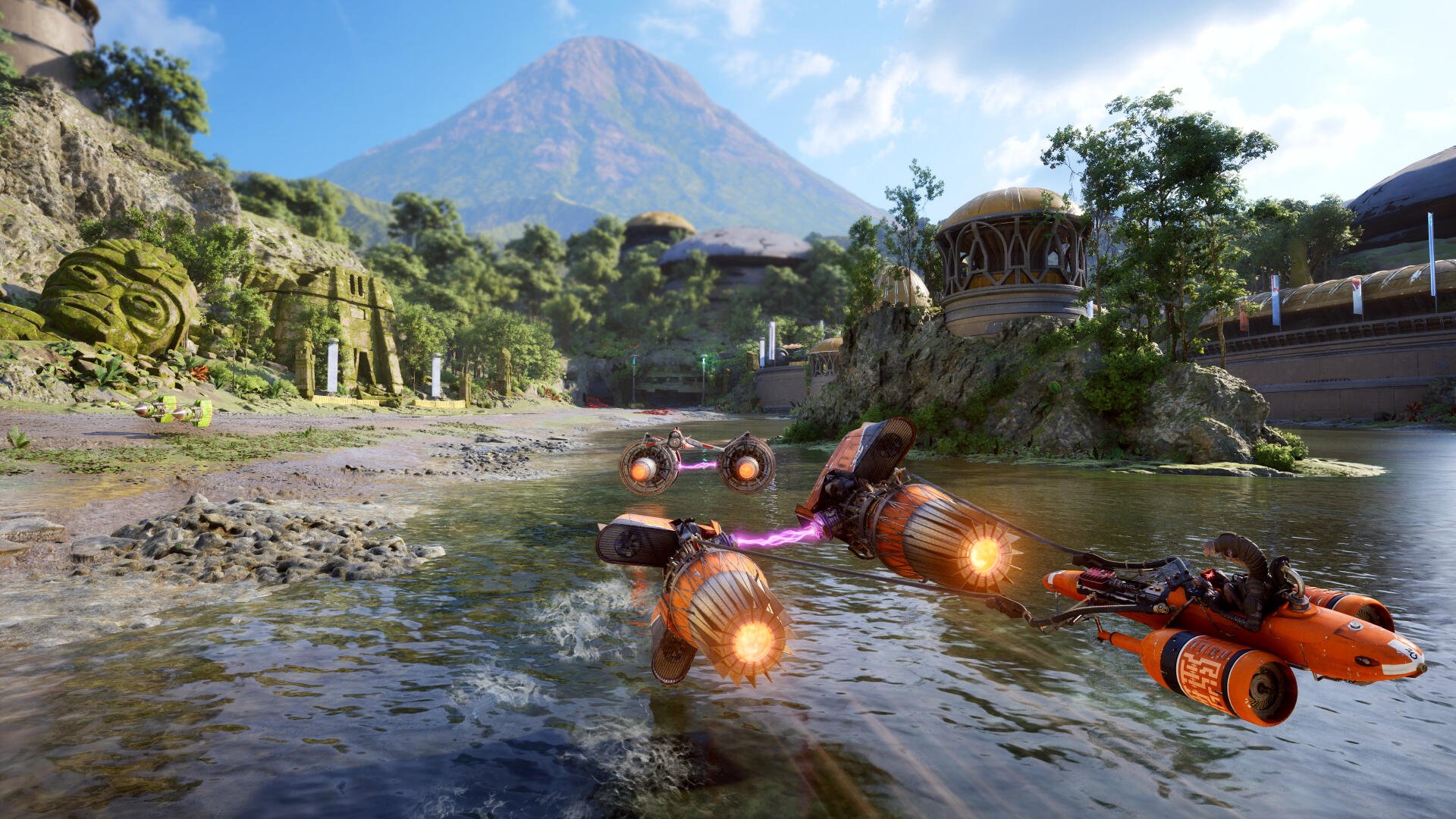 Star Wars: Galactic Racer jet ski skims glossy water toward a lush island and distant volcano — vibrant 4K Ultra HD PC desktop wallpaper and background.