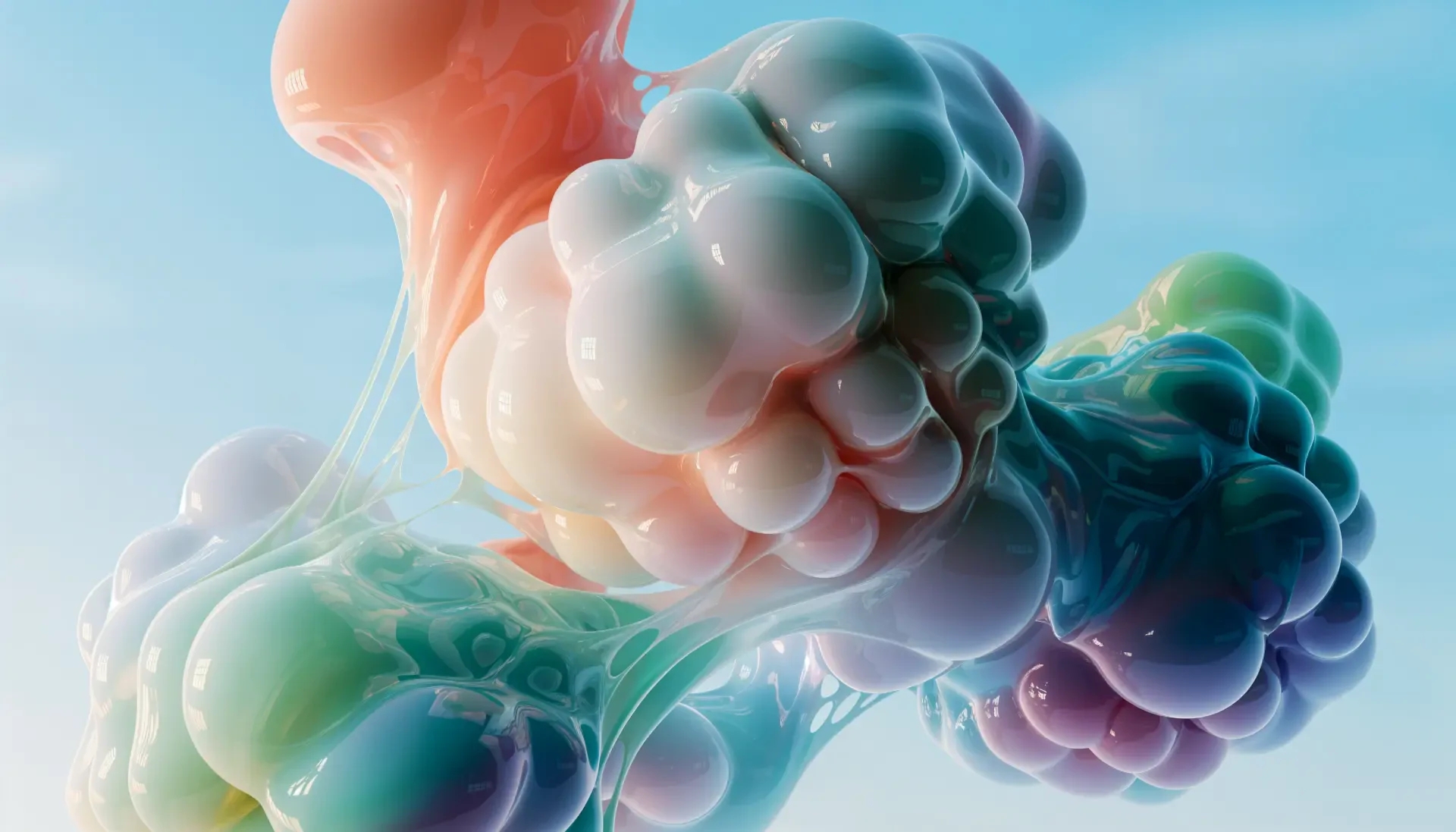 Abstract, colorful organic bubble cluster in soft colors on a sky-blue gradient, 4K Ultra HD PC desktop wallpaper and background