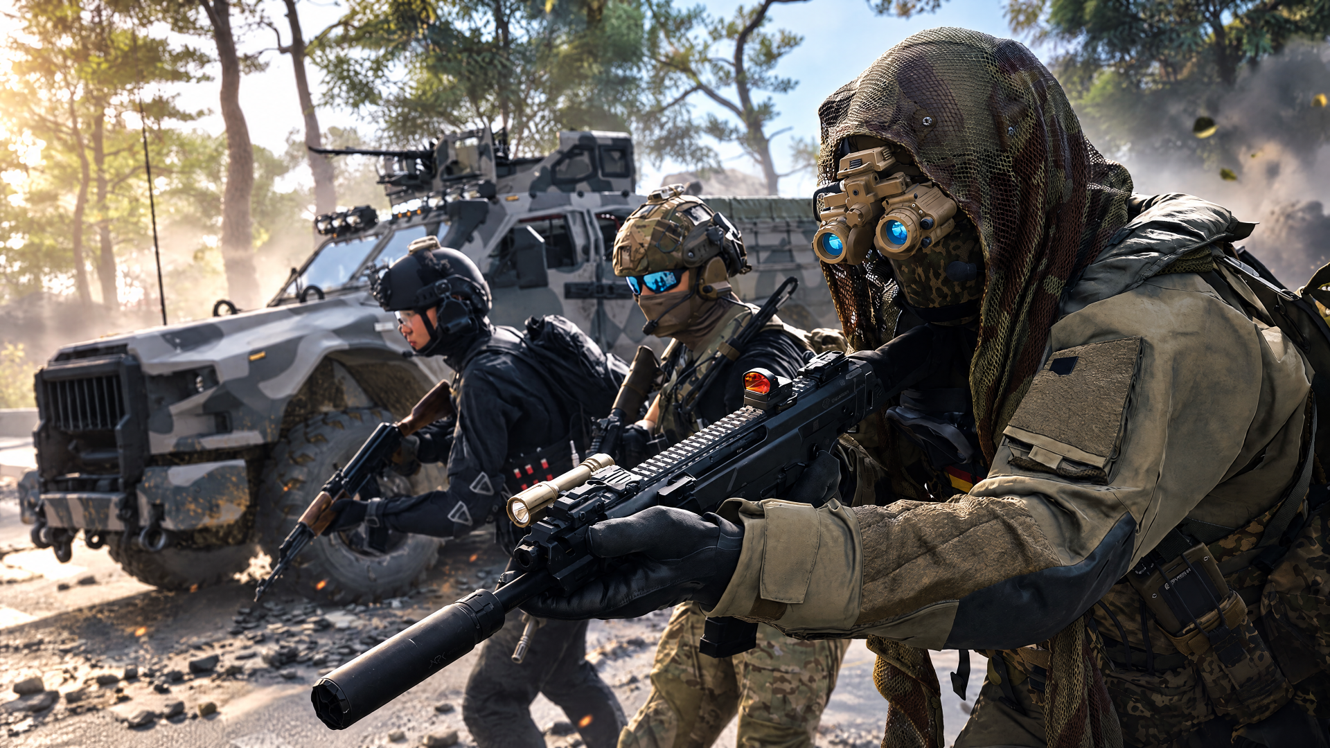 Call of Duty: Modern Warfare 4 4K Ultra HD PC wallpaper featuring armored soldiers with rifles beside an armored vehicle.