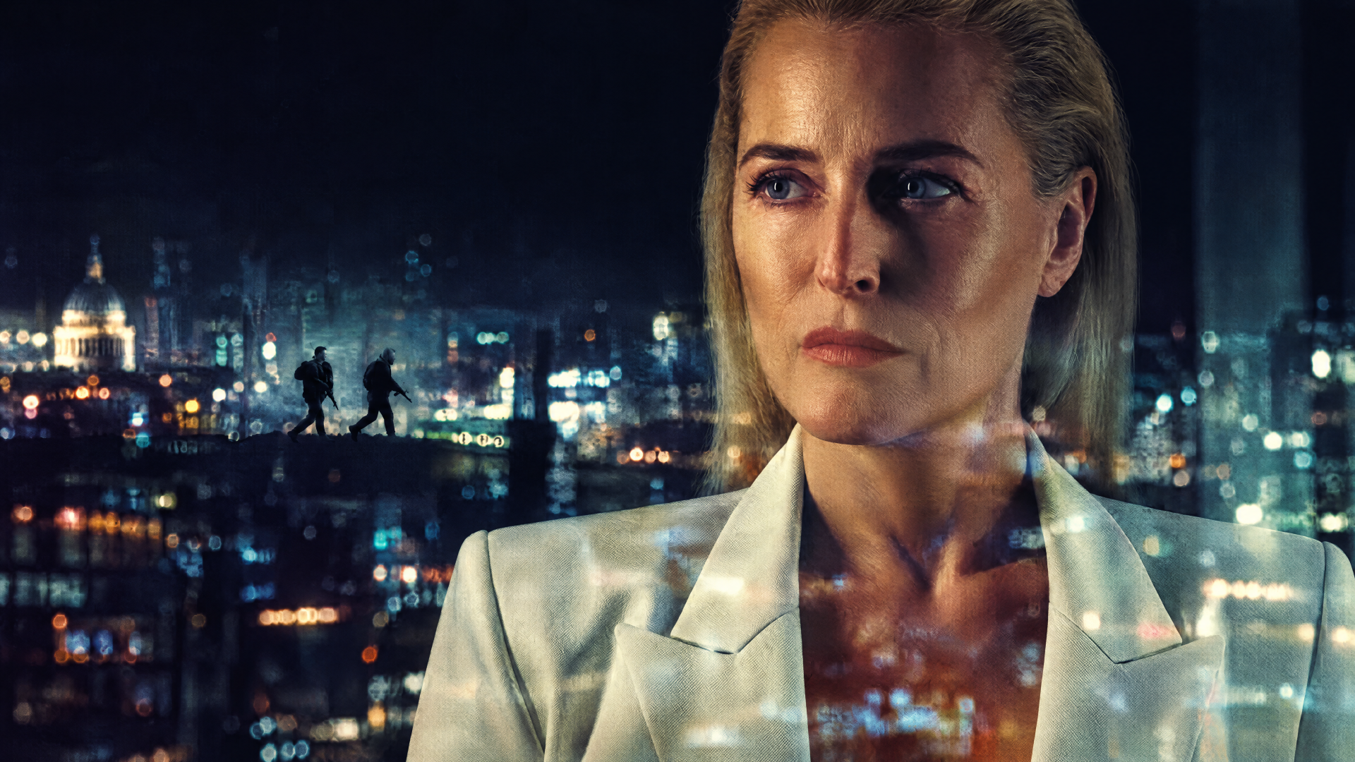 Gillian Anderson portrait against a nighttime city skyline, from Animals (2026), in 4K Ultra HD PC desktop wallpaper resolution.