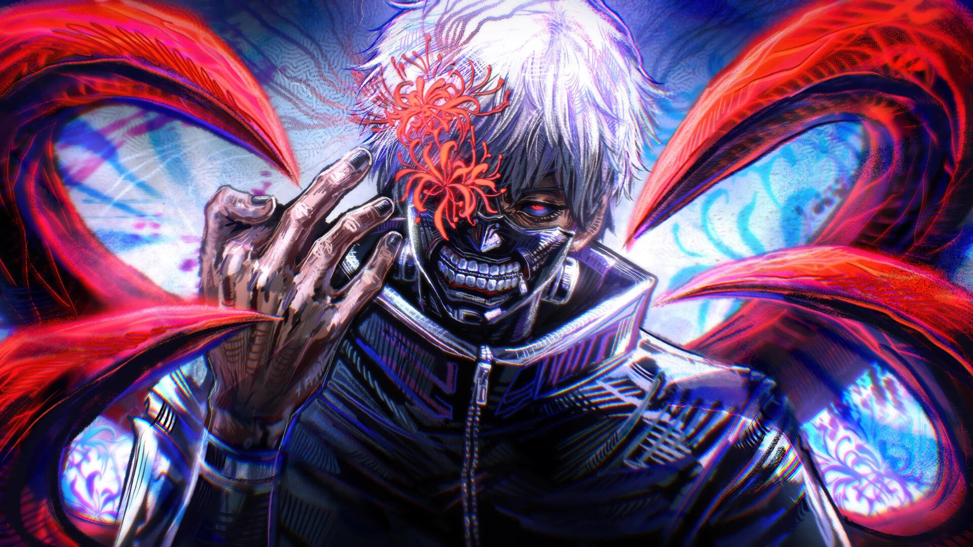 Tokyo Ghoul 4K Ultra HD PC desktop wallpaper featuring white-haired Ken Kaneki in a black mask with red kagune tendrils.