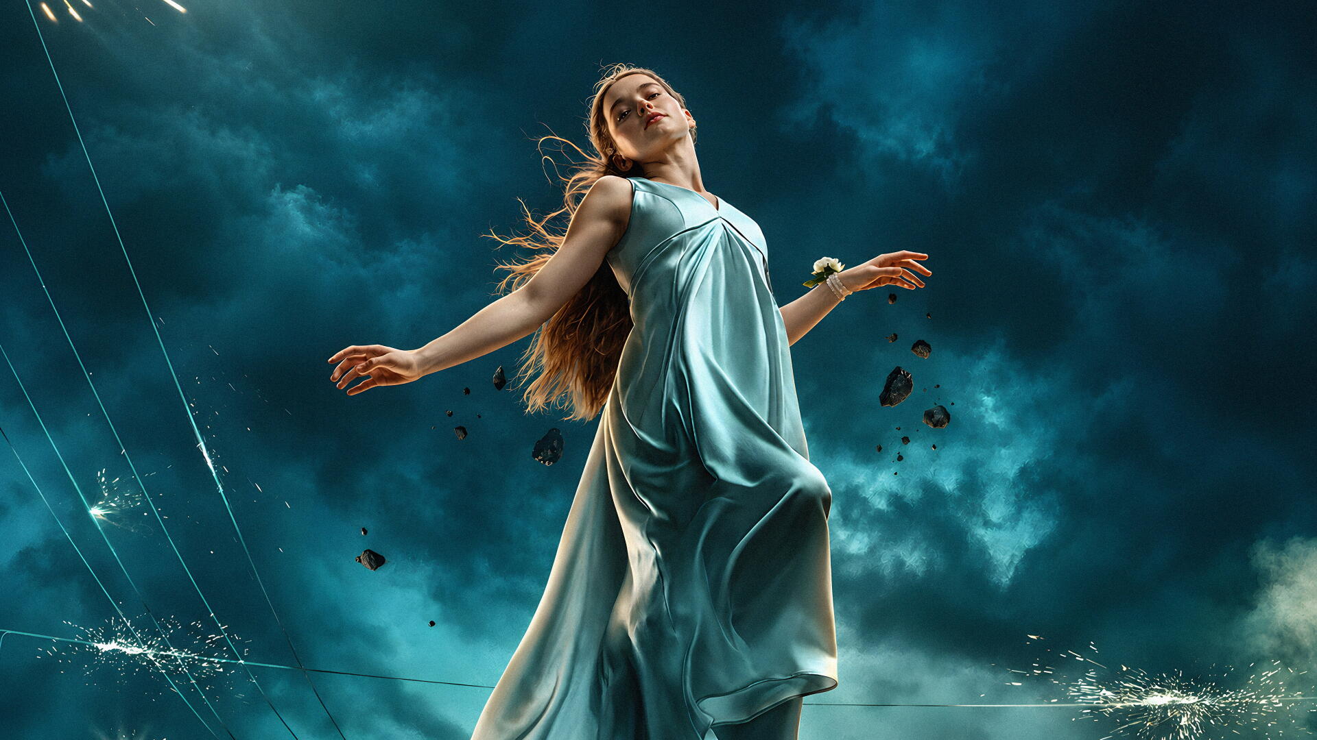 Carrie (Prime Video) 4K Ultra HD PC desktop wallpaper and background, featuring a woman in a flowing blue dress against a stormy sky.