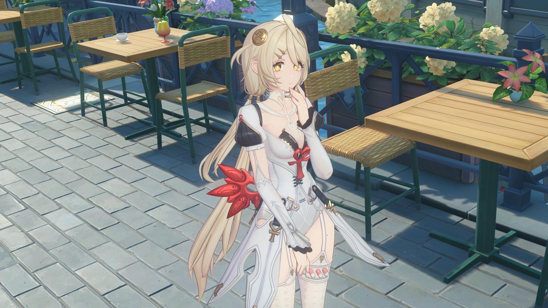 Zenless Zone Zero anime girl in a white dress at an outdoor café, 4K Ultra HD PC desktop wallpaper and background.
