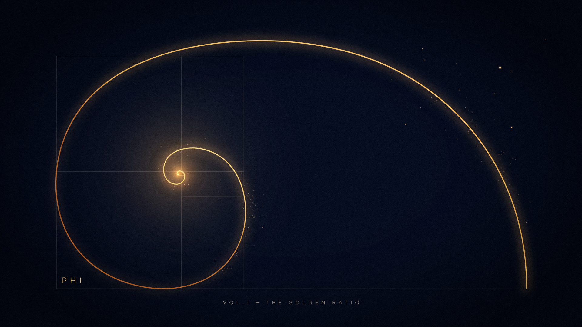 Glowing golden Fibonacci spiral illustrating the golden ratio against a dark mathematical blueprint, 2K Quad HD PC desktop wallpaper and background.