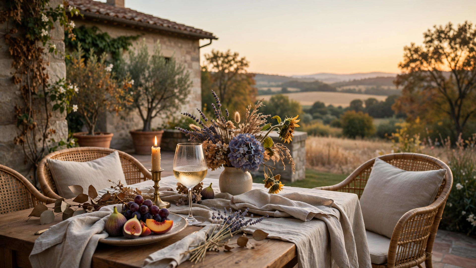 Outdoor dining table setting with wine, flowers, and wicker chairs overlooking the countryside at sunset, HD PC desktop wallpaper background.