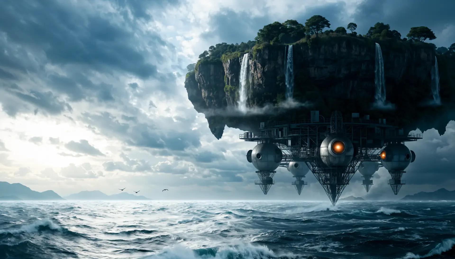 Sci-fi 4K Ultra HD PC desktop wallpaper of a flying island with cascading waterfalls and a spaceship hovering above a vast ocean.
