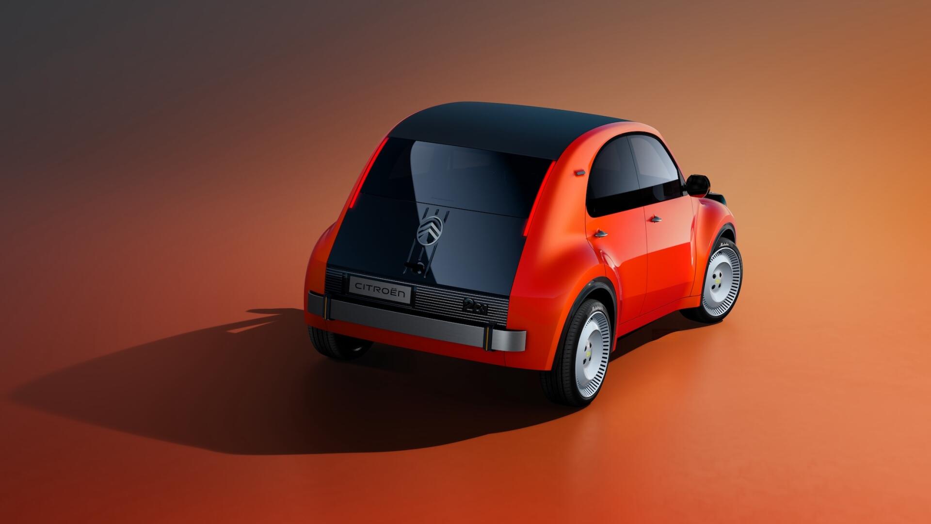Red Citroën 2CV concept hatchback on an orange studio background, featured in an HD desktop wallpaper.