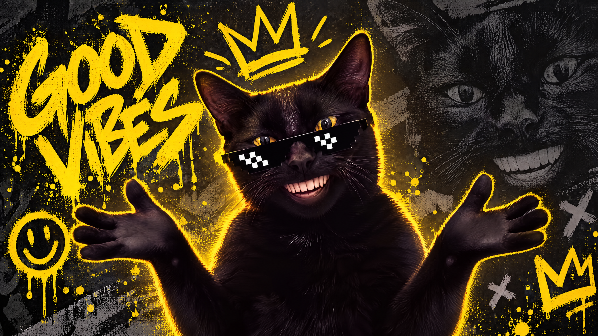 Black cat meme in pixel sunglasses with paws raised amid graffiti and “Good Vibes” lettering, 4K Ultra HD PC desktop wallpaper background.