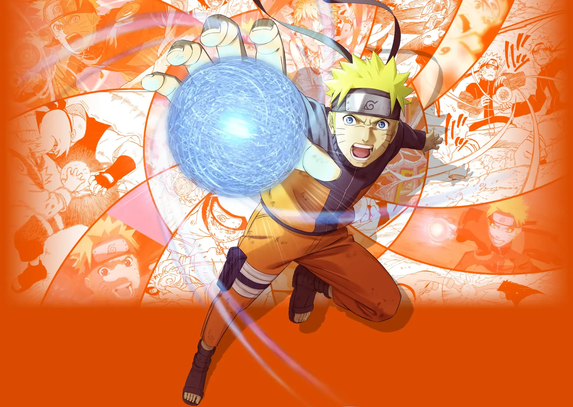 Naruto Uzumaki charges forward with a glowing blue Rasengan in vivid orange anime artwork, 4K Ultra HD PC desktop wallpaper and background.