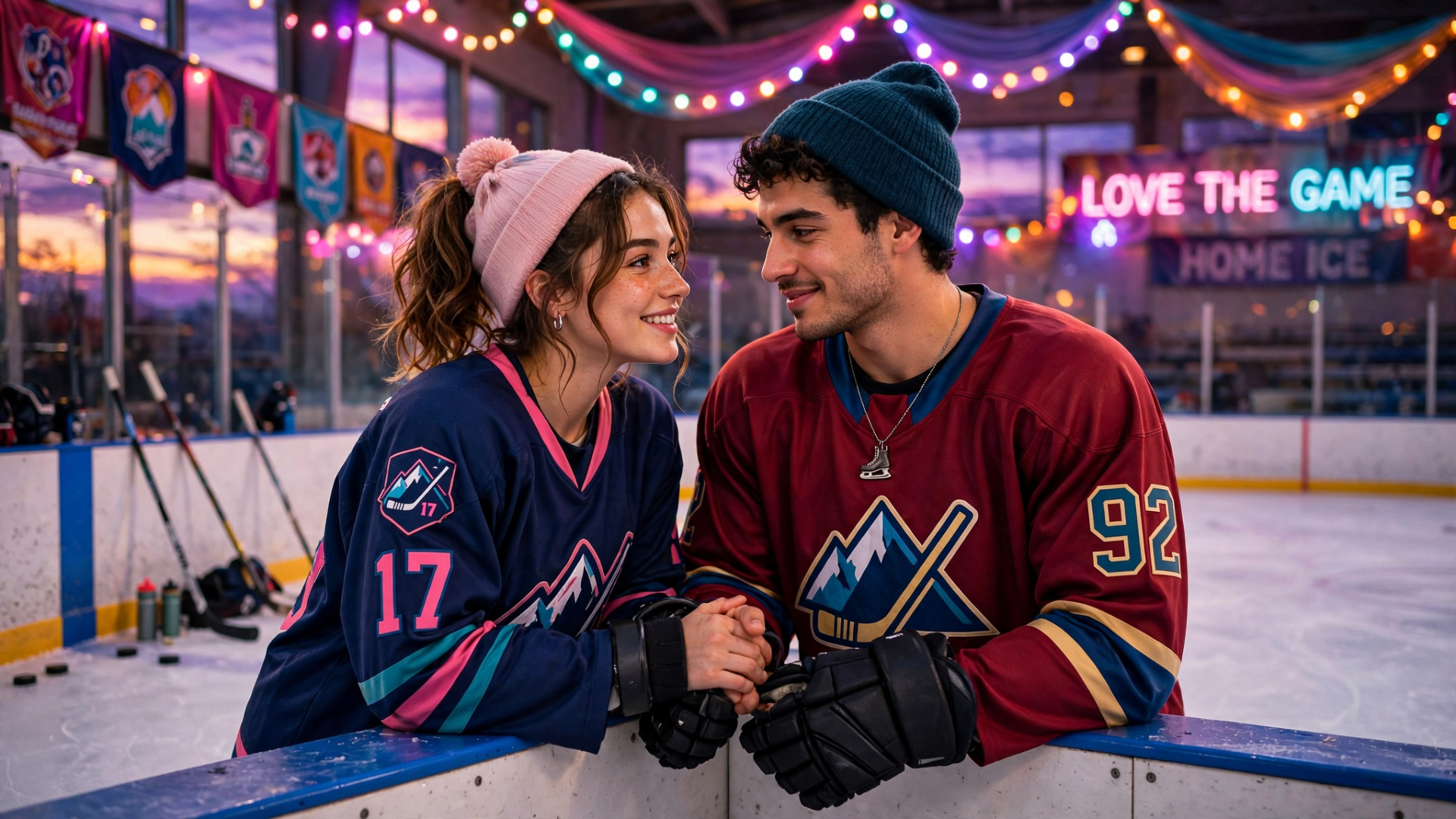Hockey romance couple sharing a moment at a decorated ice rink, HD PC desktop wallpaper and background.