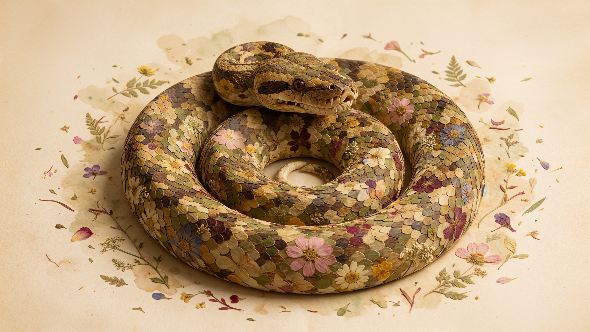 Coiled ball python surrounded by delicate flowers, 4K Ultra HD PC desktop wallpaper and background.