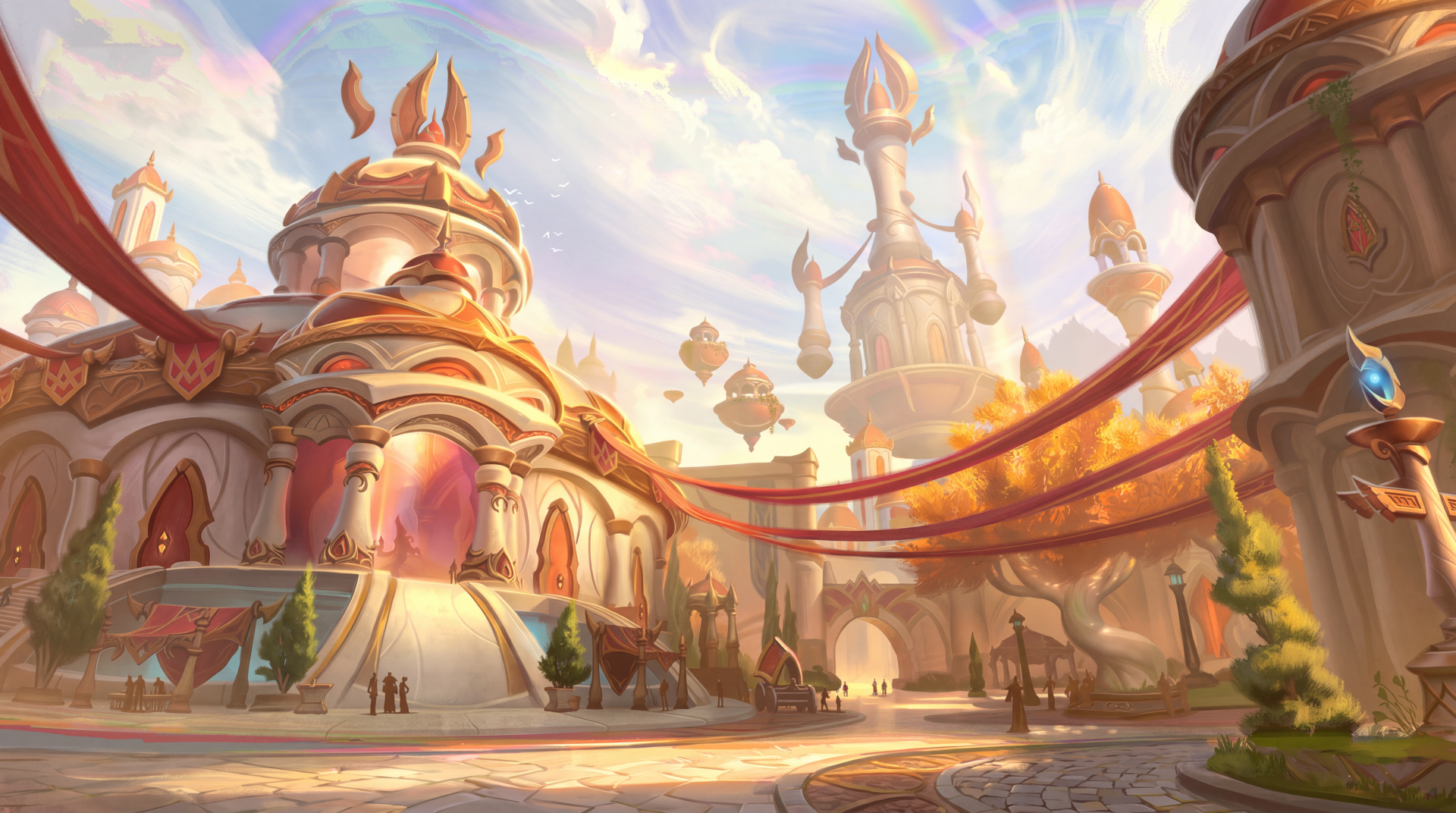 5K Ultra HD World of Warcraft: Midnight desktop wallpaper featuring a sunlit fantasy city and ornate palace.