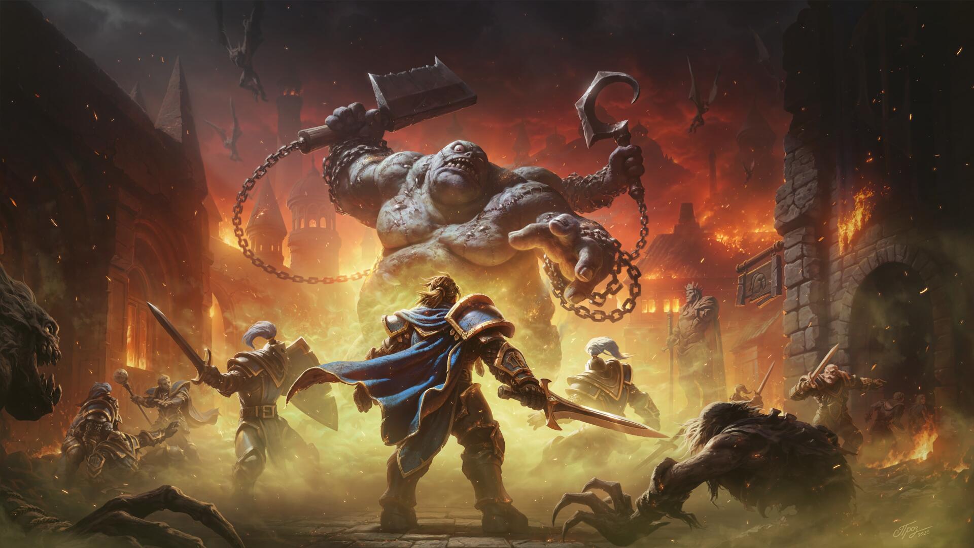 World of Warcraft warrior battles a towering chained monster on a fiery battlefield, 4K Ultra HD PC desktop wallpaper.