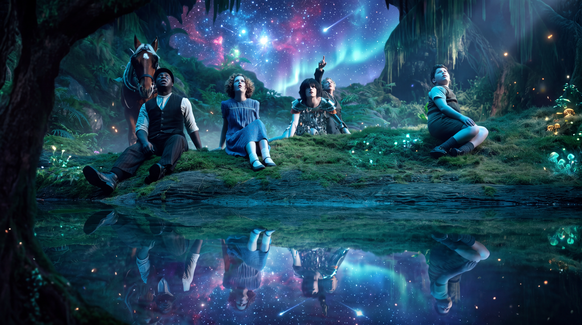 The Chronicles of Narnia: The Magician’s Nephew 5K Ultra HD PC desktop wallpaper, with characters in a forest beneath a glowing galaxy reflected in water.