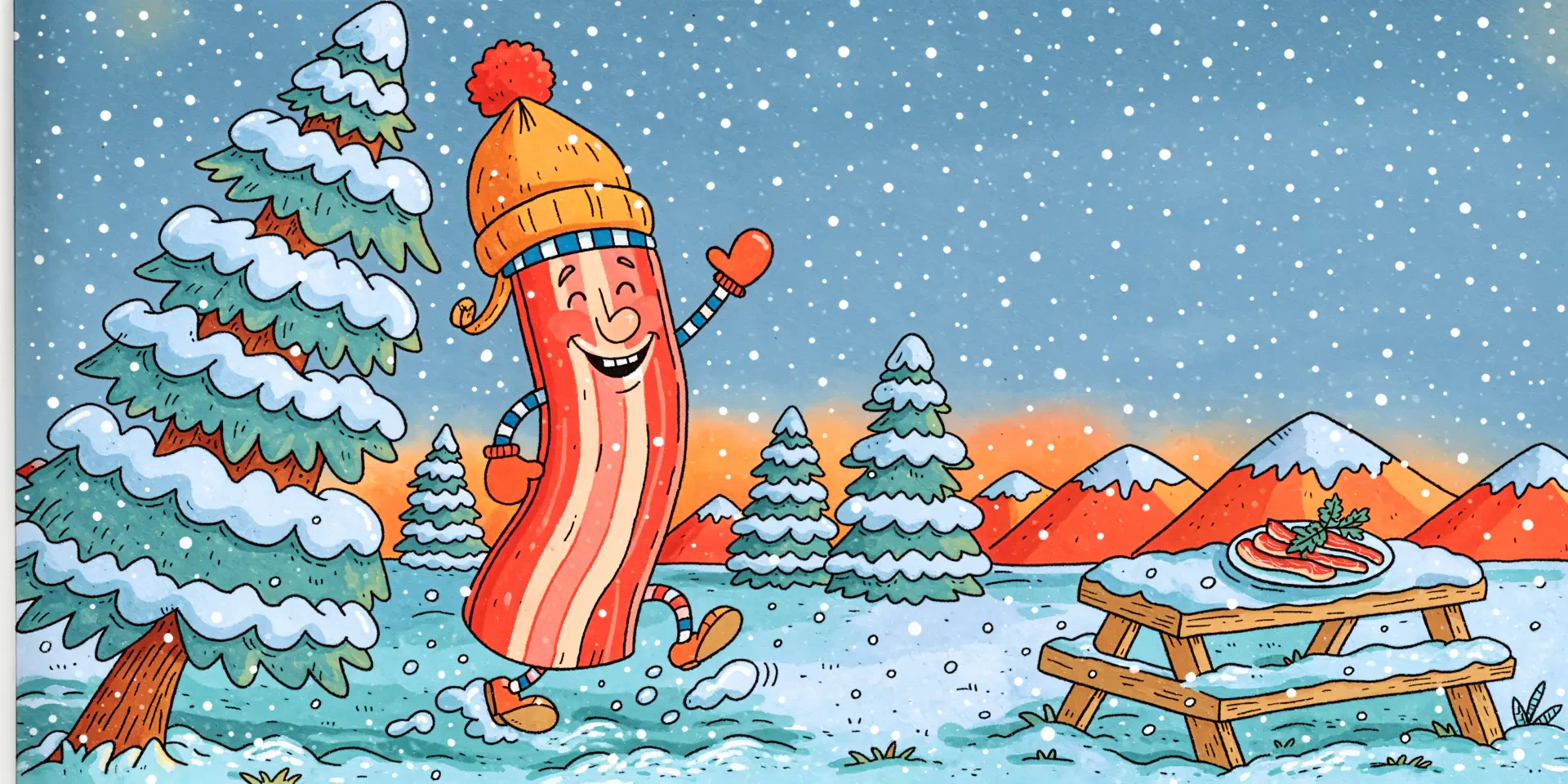 Cheerful cartoon bacon hot dog dancing in a snowy winter forest, 4K Ultra HD PC desktop wallpaper background.