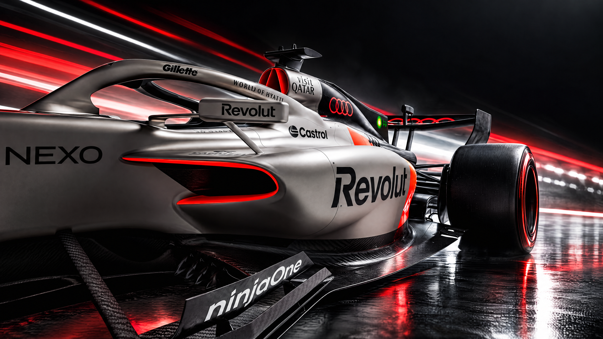 Audi R26 F1 race car on a glowing track, featured in a dramatic 4K Ultra HD PC desktop wallpaper and background.
