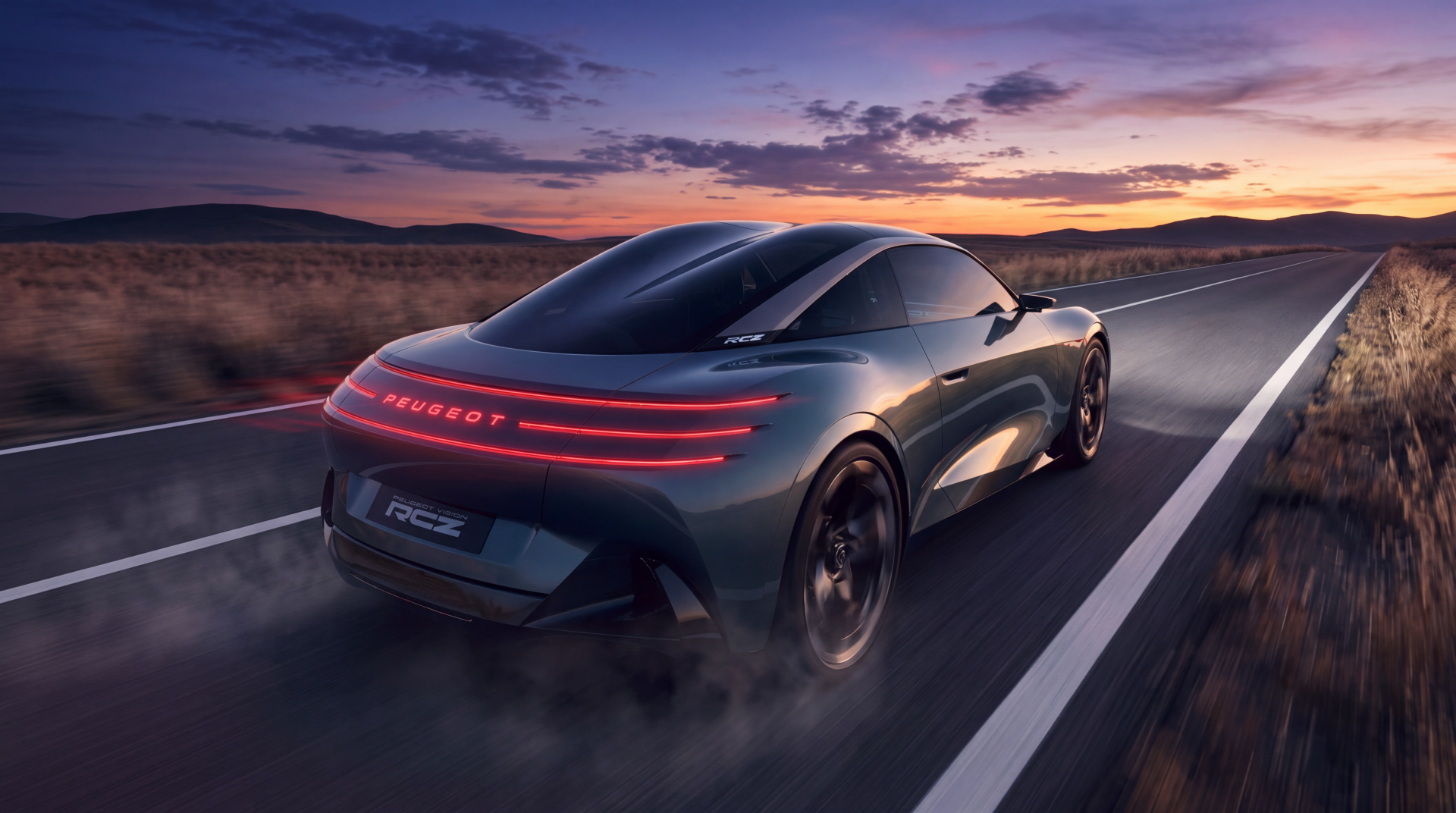 Peugeot RCZ Vision electric sports car concept driving on a highway at sunset, 5K Ultra HD desktop wallpaper background.