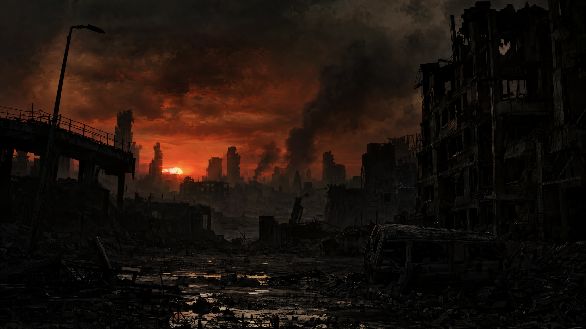 Apocalyptic city ruins beneath a fiery sunset, 4K Ultra HD PC desktop wallpaper and background.