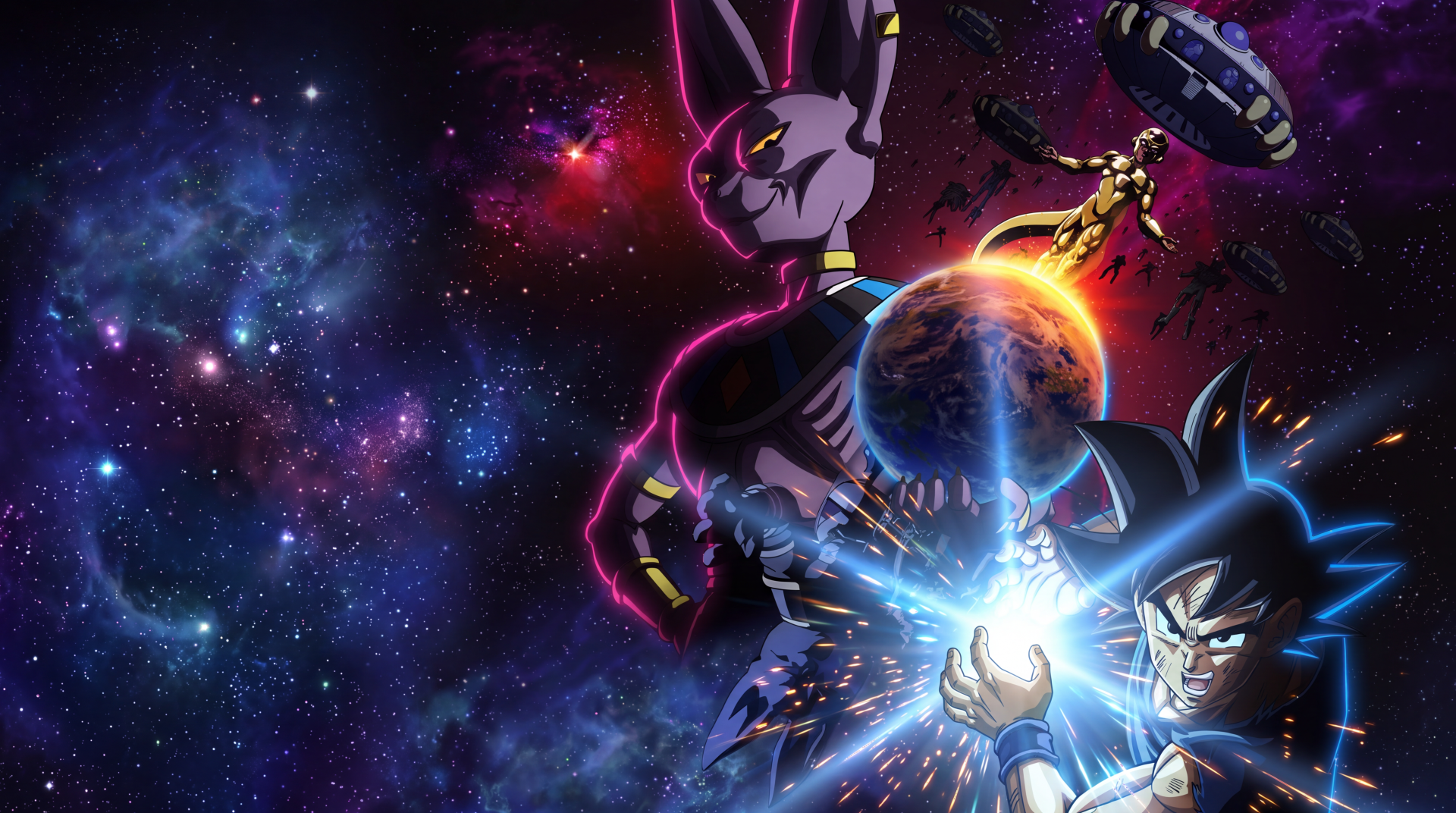 Beerus and Goku clash in a cosmic Dragon Ball Super scene, 5K Ultra HD PC desktop wallpaper and background.