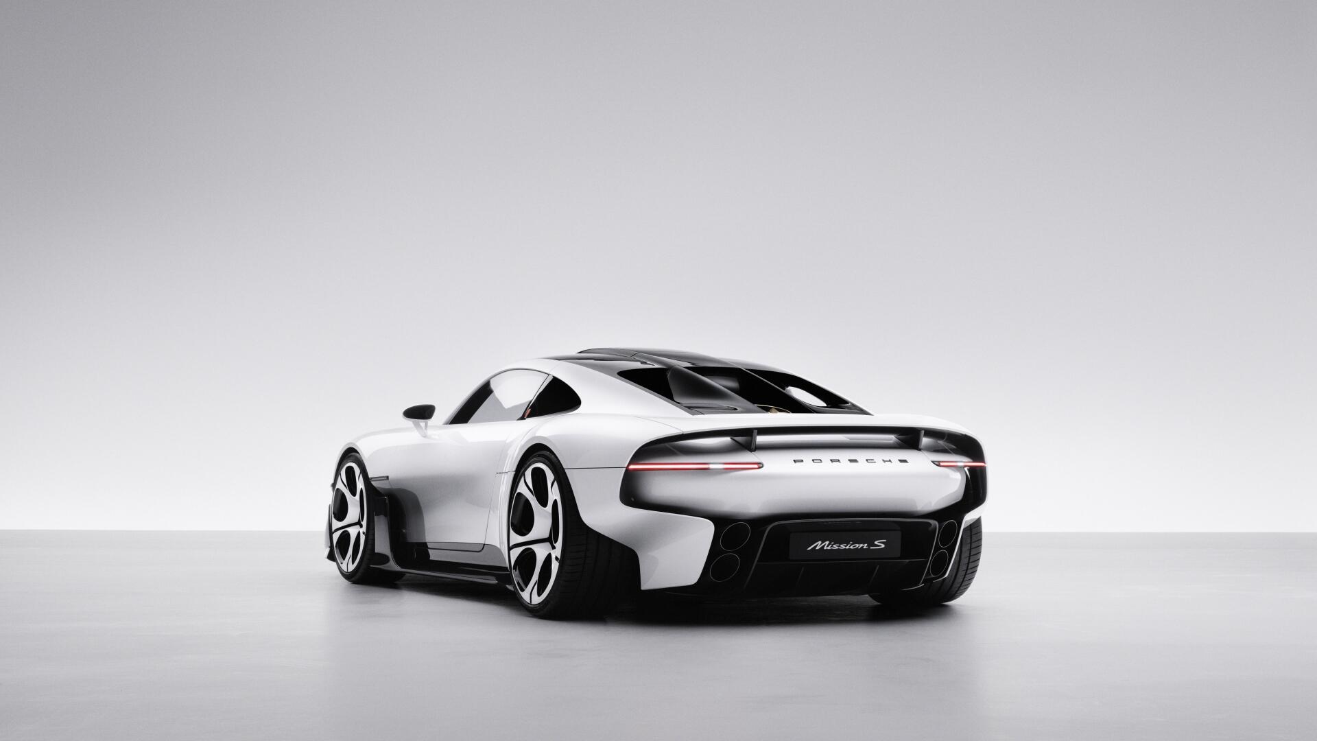 Porsche Mission S concept sports car in a sleek rear view, featured in a 5K Ultra HD PC desktop wallpaper and background.
