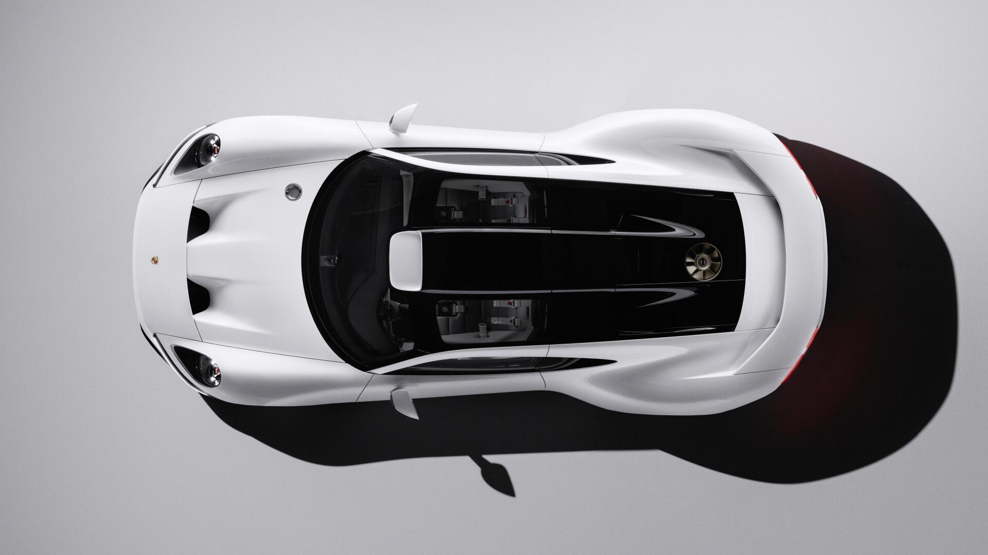Top-down view of a white Porsche Mission S concept car on a gray backdrop, 5K Ultra HD PC desktop wallpaper.