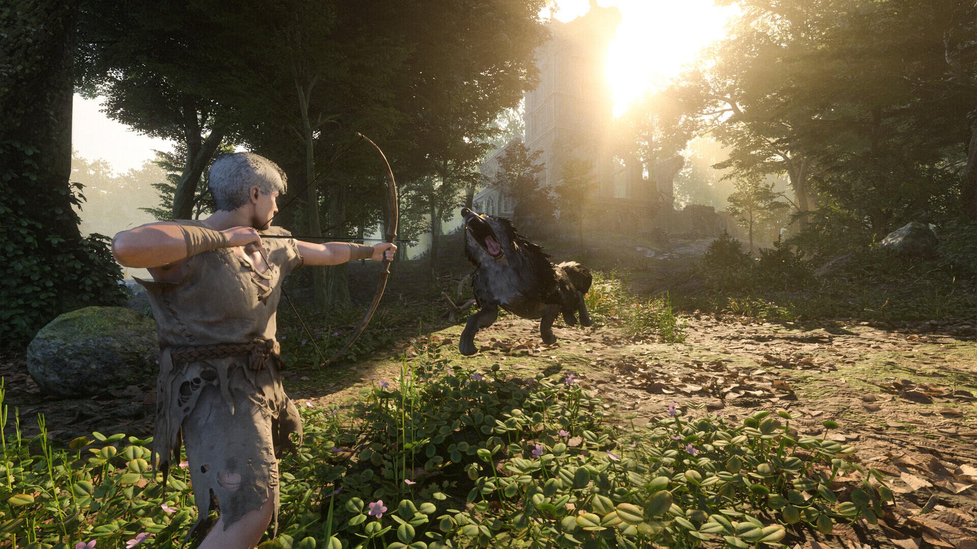 Enshrouded fantasy archer draws a bow at a charging boar in a sunlit forest, HD PC desktop wallpaper background.