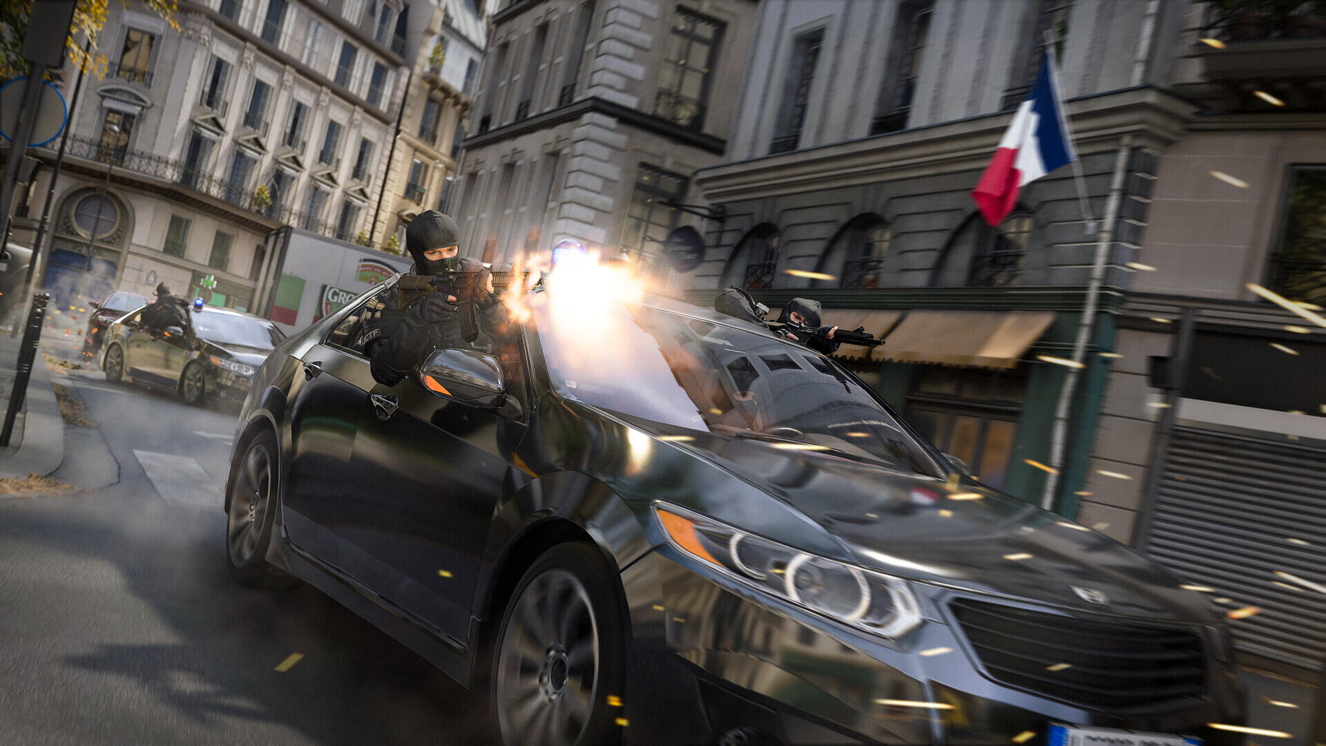 Call of Duty: Modern Warfare 4 HD PC desktop wallpaper showing a masked soldier firing a gun from a speeding car on a city street.