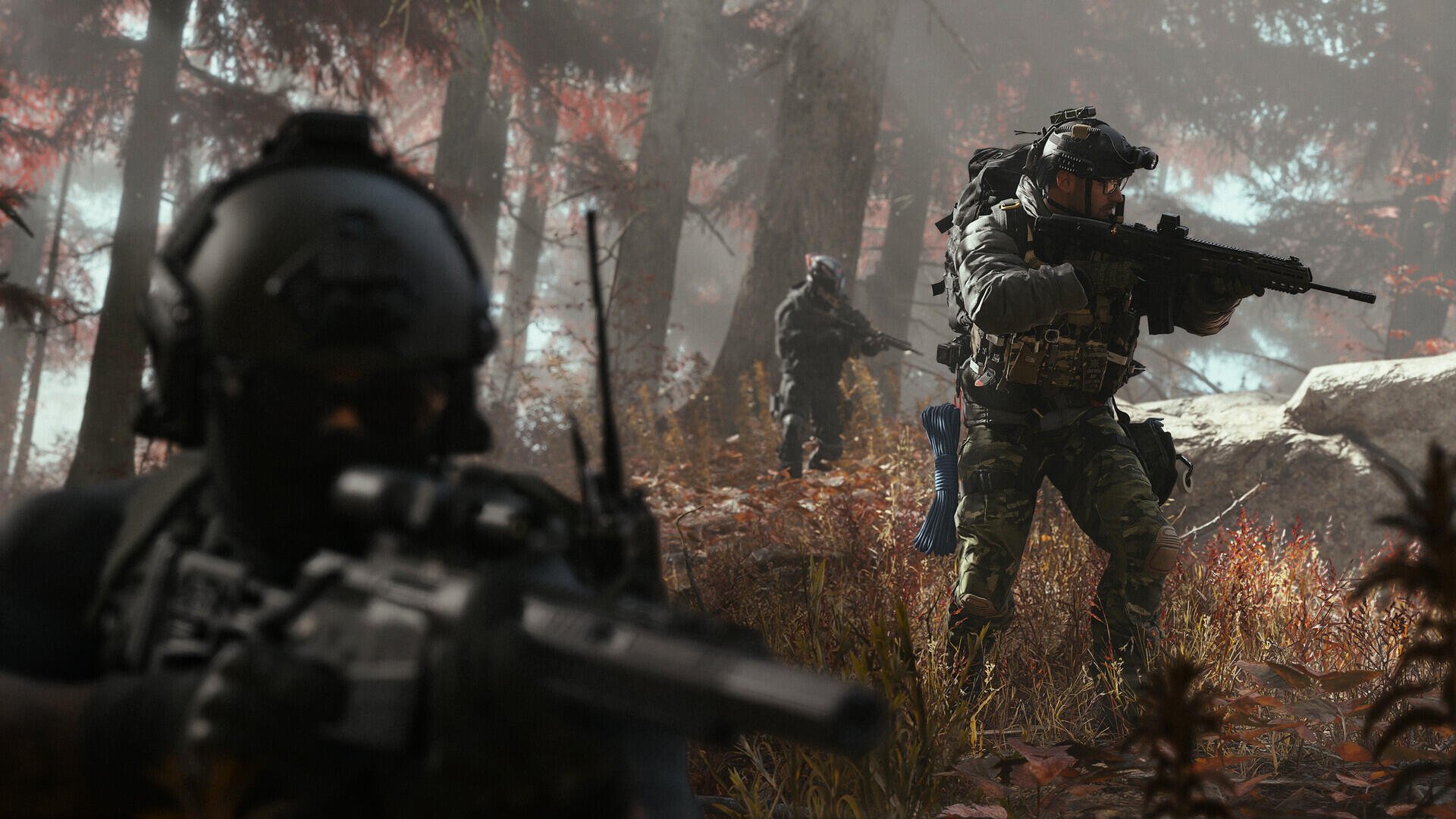 Call of Duty: Modern Warfare 4 HD PC desktop wallpaper featuring military soldiers with rifles moving through a misty forest.