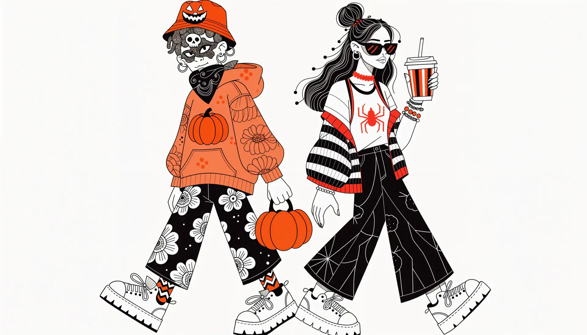 4K Ultra HD Halloween couple wallpaper featuring fashionable skeletons in spooky outfits, one carrying a pumpkin.