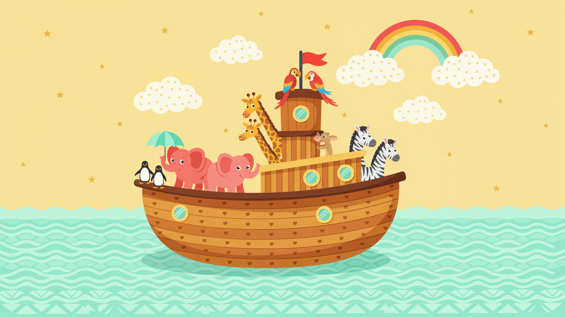 Colorful Noah’s Ark with animal pairs sailing beneath a rainbow, 4K Ultra HD PC desktop wallpaper and background.