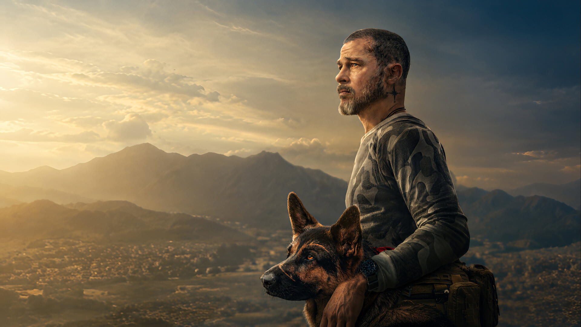 Heart of the Beast 4K Ultra HD PC desktop wallpaper featuring a man with his dog overlooking a mountain valley at sunset.