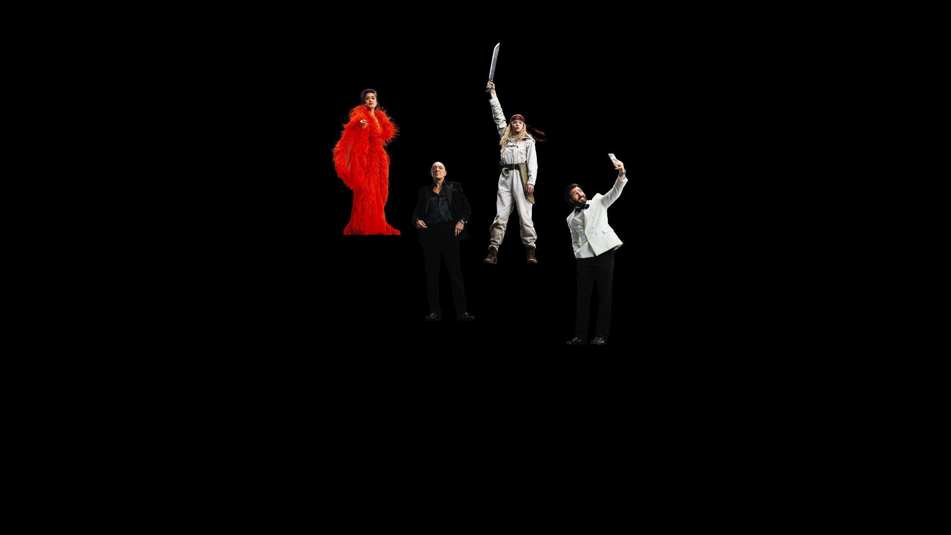 Sacrifice (2026) 4K Ultra HD PC desktop wallpaper featuring four figures against a stark black background.